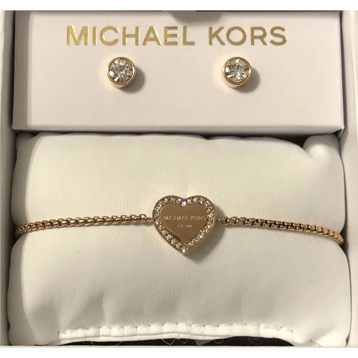 Michael Kors Rose Gold-tone Heart Slider Bracelet Earring Set