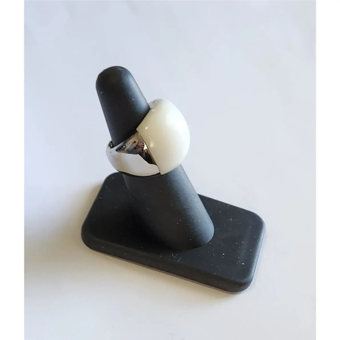 Calvin Klein White Glass Dome Stainless Steel Ring- Size 5