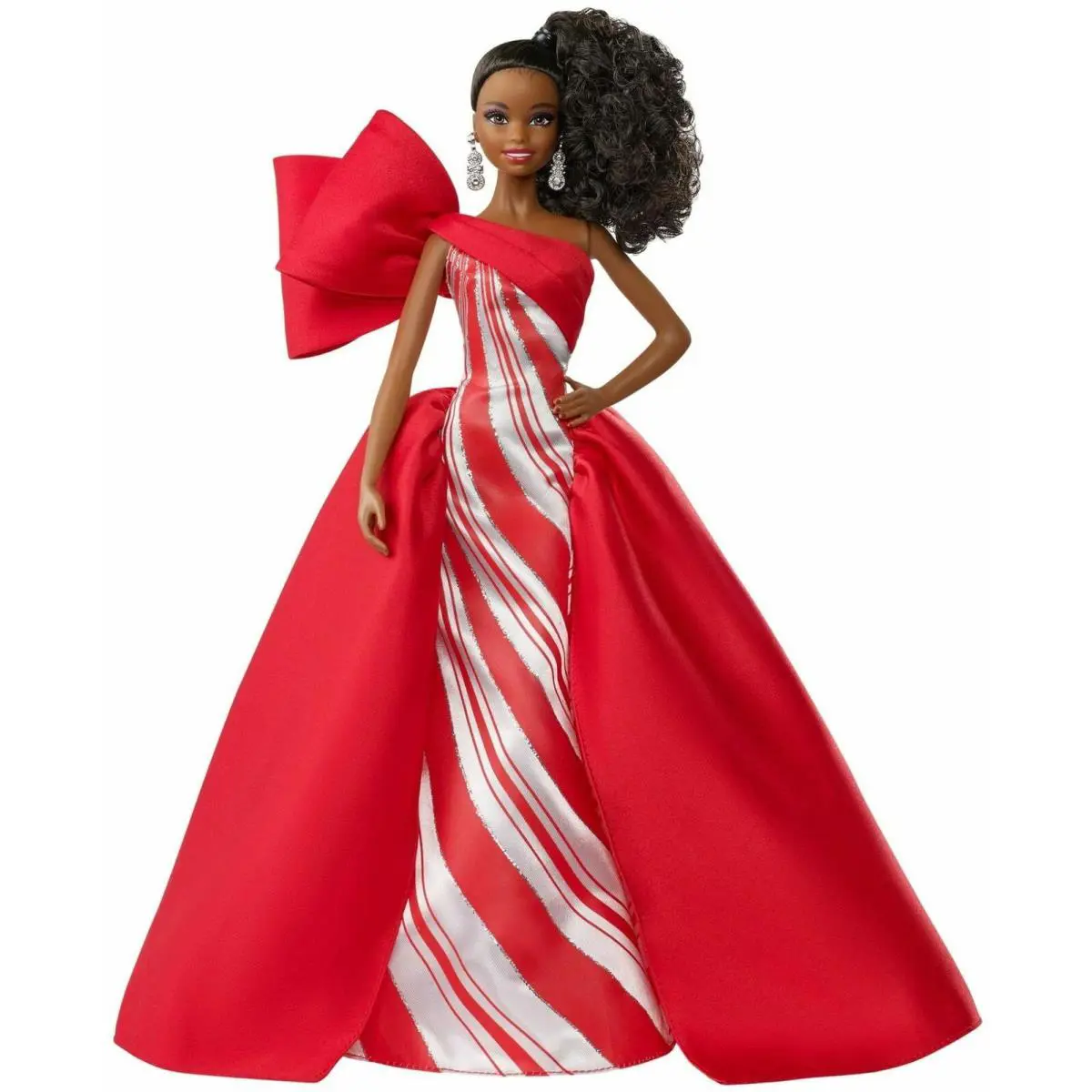 2019 Holiday Barbie Doll 11.5 Curly Brunette Red White Gown w/ Doll Stand