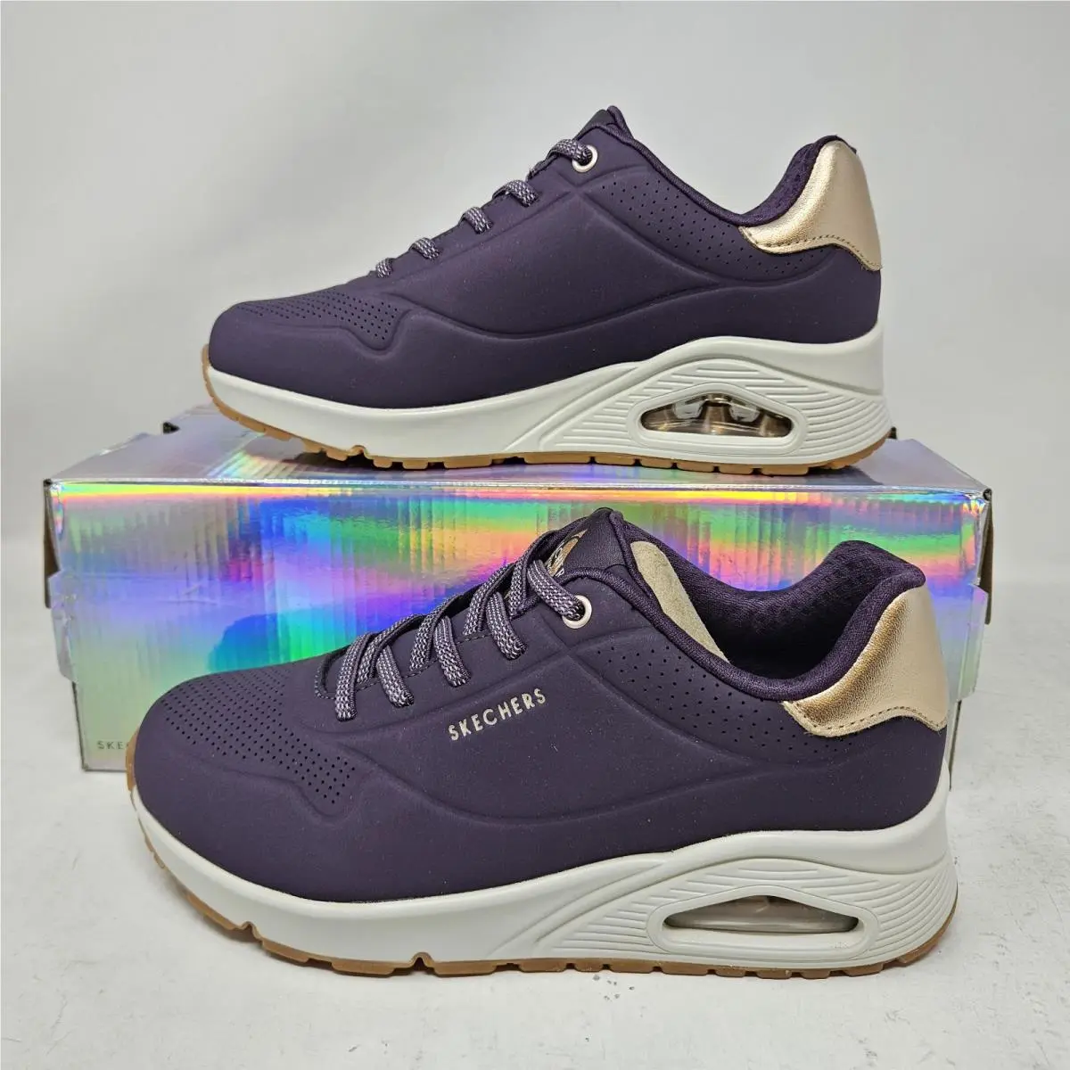 Women`s Skechers Uno Shimmer Away Purple Comfy Slip On Shoes / 155196 / Size 7.5