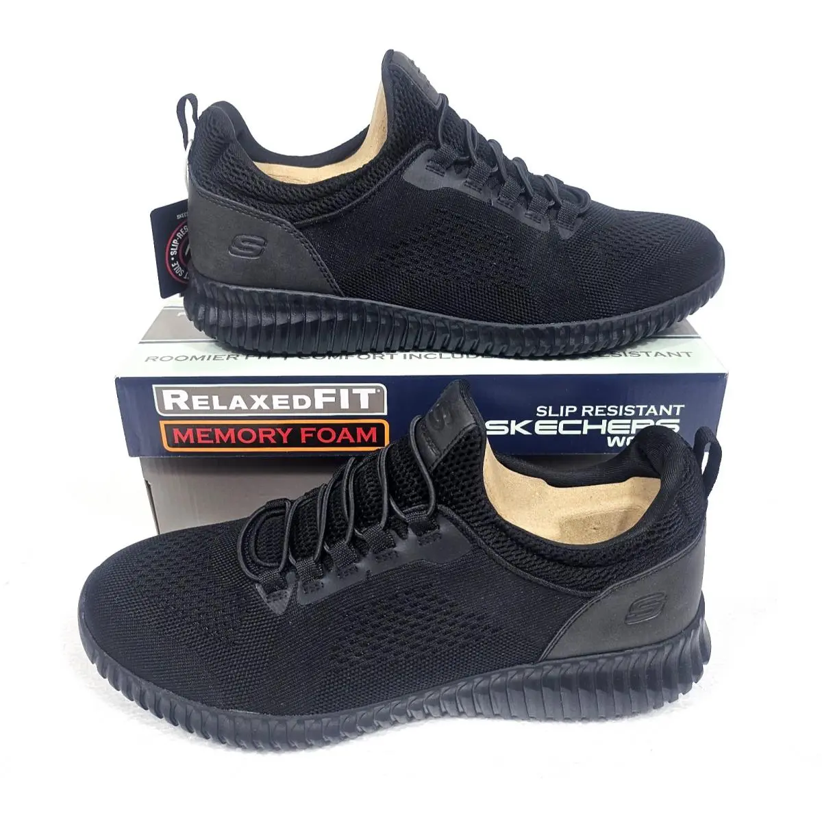 Men`s Slip Resistant Shoes 11.5  Black Slip-on Cessnock 77188 Relaxed by Skechers