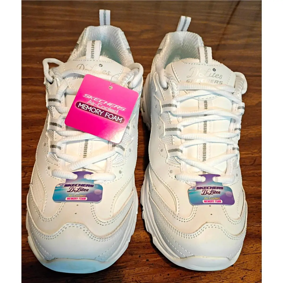 Skechers D`lites Women`s White/silver Lace-up Low Top Sneakers Memory Foam