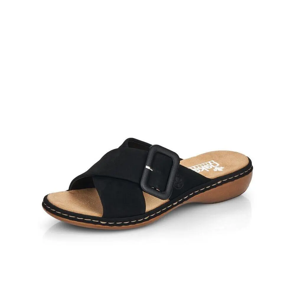 Rieker Women`s REGINA-95 Buckle Strap Slip-on Sandals Black Leather Size EU 41