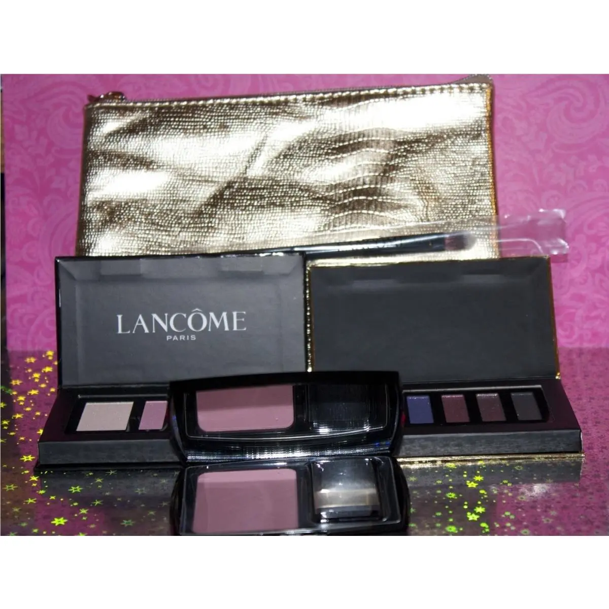 Lancome Lot OF 5 Pieces Cosmetic Bag + 2 Eyeshadow Palette + Blush + Brush