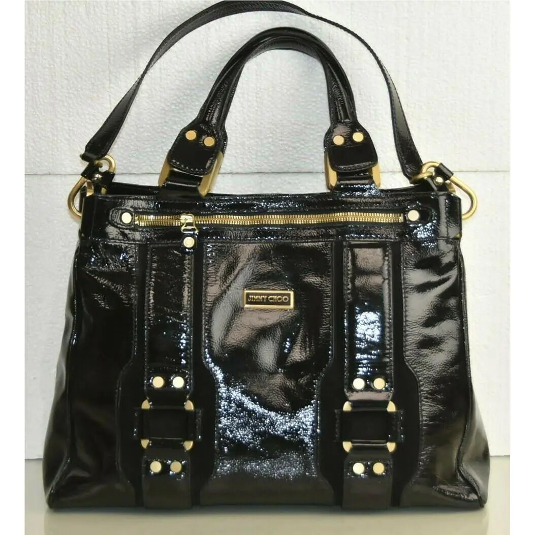 Jimmy Choo Tote Bag Shoulder Patent Leather Handbag Black Zip