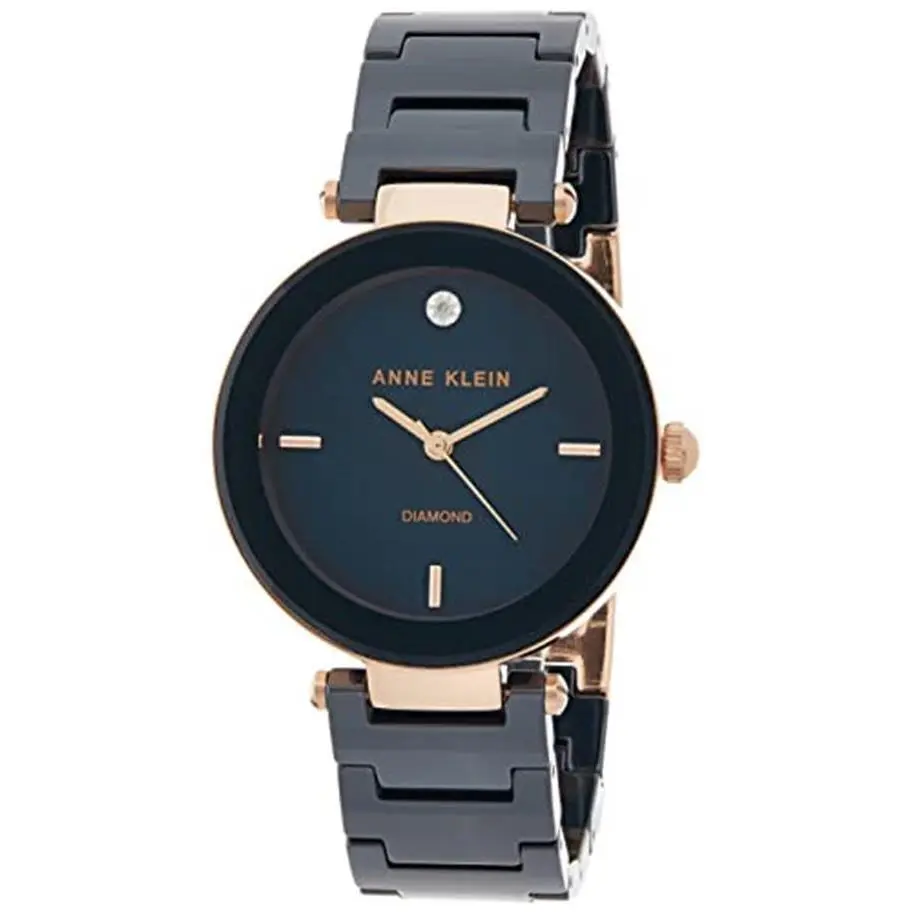 Women`s AK/1018BKBK Black Ceramic Bracelet Watch Assorted Colors navy blue/rose gold by Anne Klein