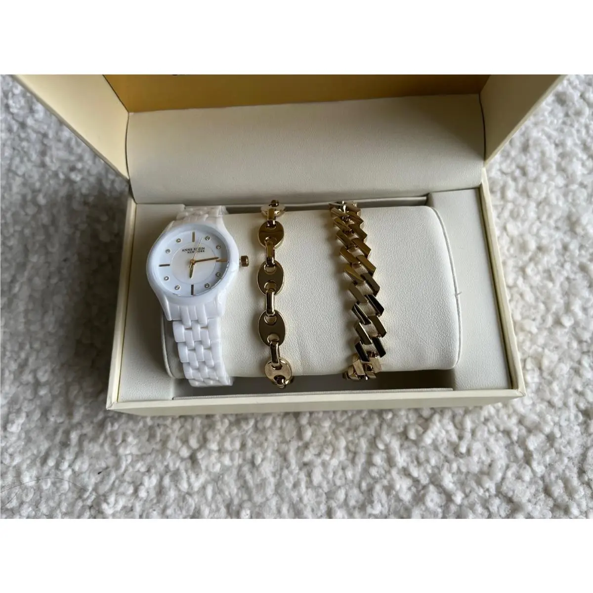 Read-anne Klein Ladies 12/7740WTST White Ceramic Watch w/ 2- Gold Tone Bracelets by Anne Klein