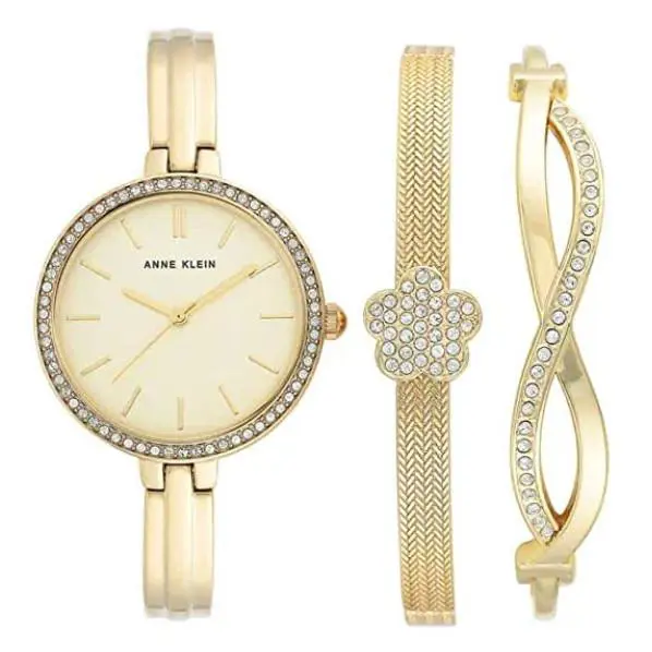 Anne Klein Quartz Women`s Gold-tone Crystal Watch Bracelet Set AK-3398GBST