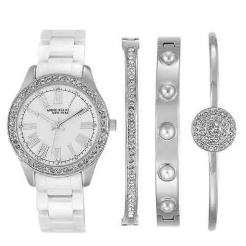 Anne Klein York Women`s Ceramic Watch and Bracelet Set 12/2257SVST