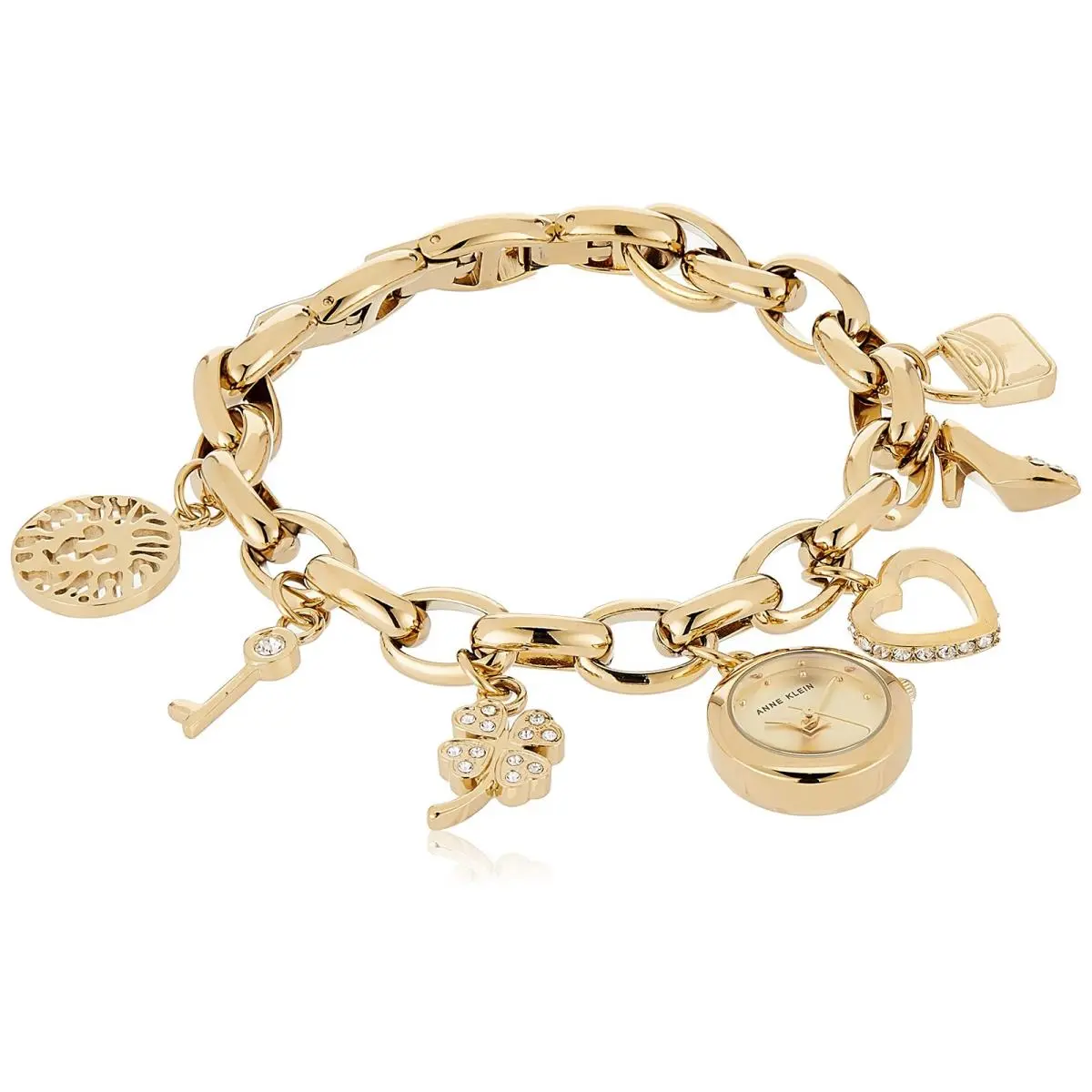 Womens Premium Crystal Accented Gold-tone Charm Bracelet Watch by Anne Klein