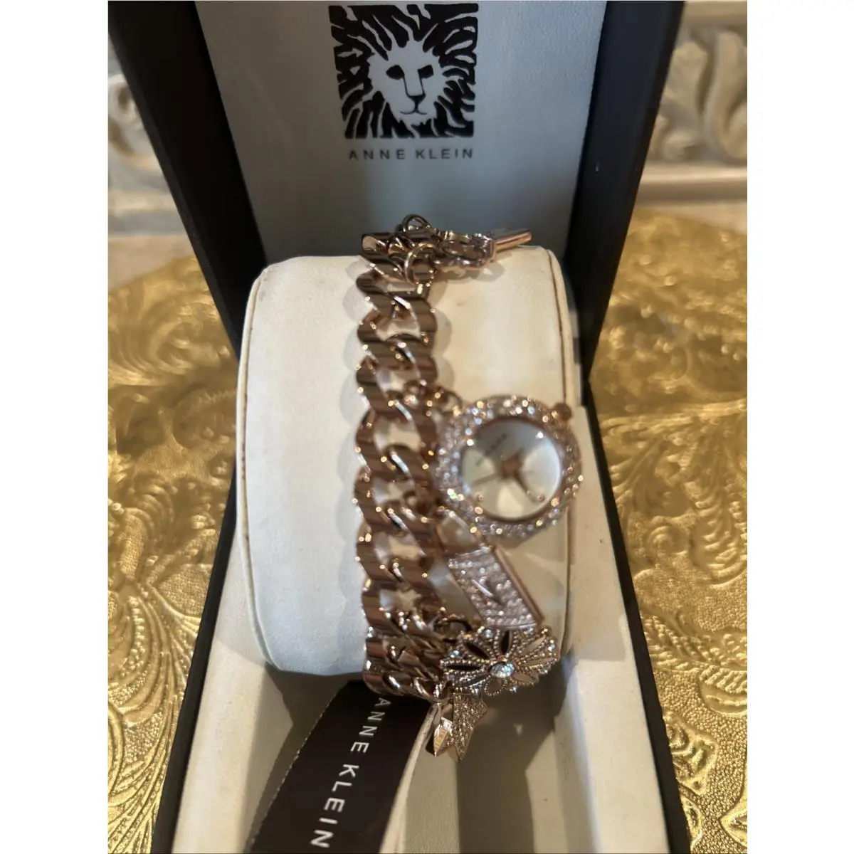 Anne Klein Womens Premium Crystal Accented Gold-tone Charm Bracelet Watch