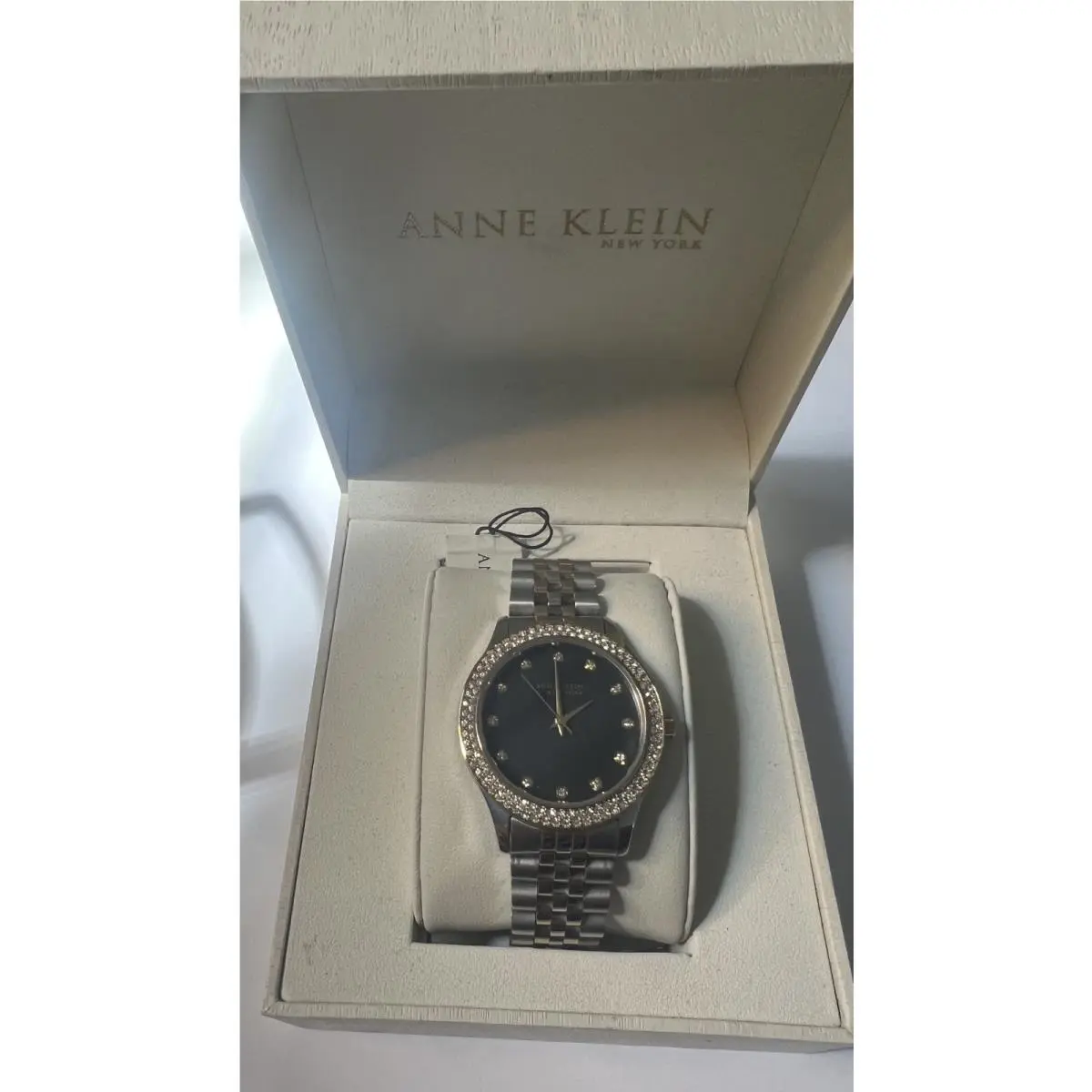 Women`s Two-tone Crystal Bezel Black Dial Watch w/ Box Tag by Anne Klein
