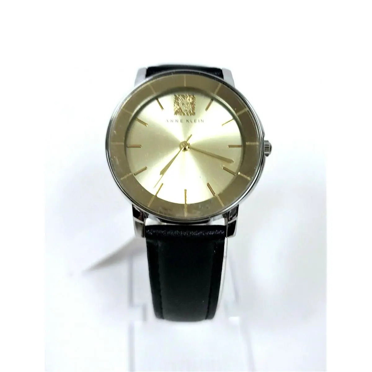Anne Klein Silver Tone Black Band Gold Reflective Mirror Dial Watch AK/1517