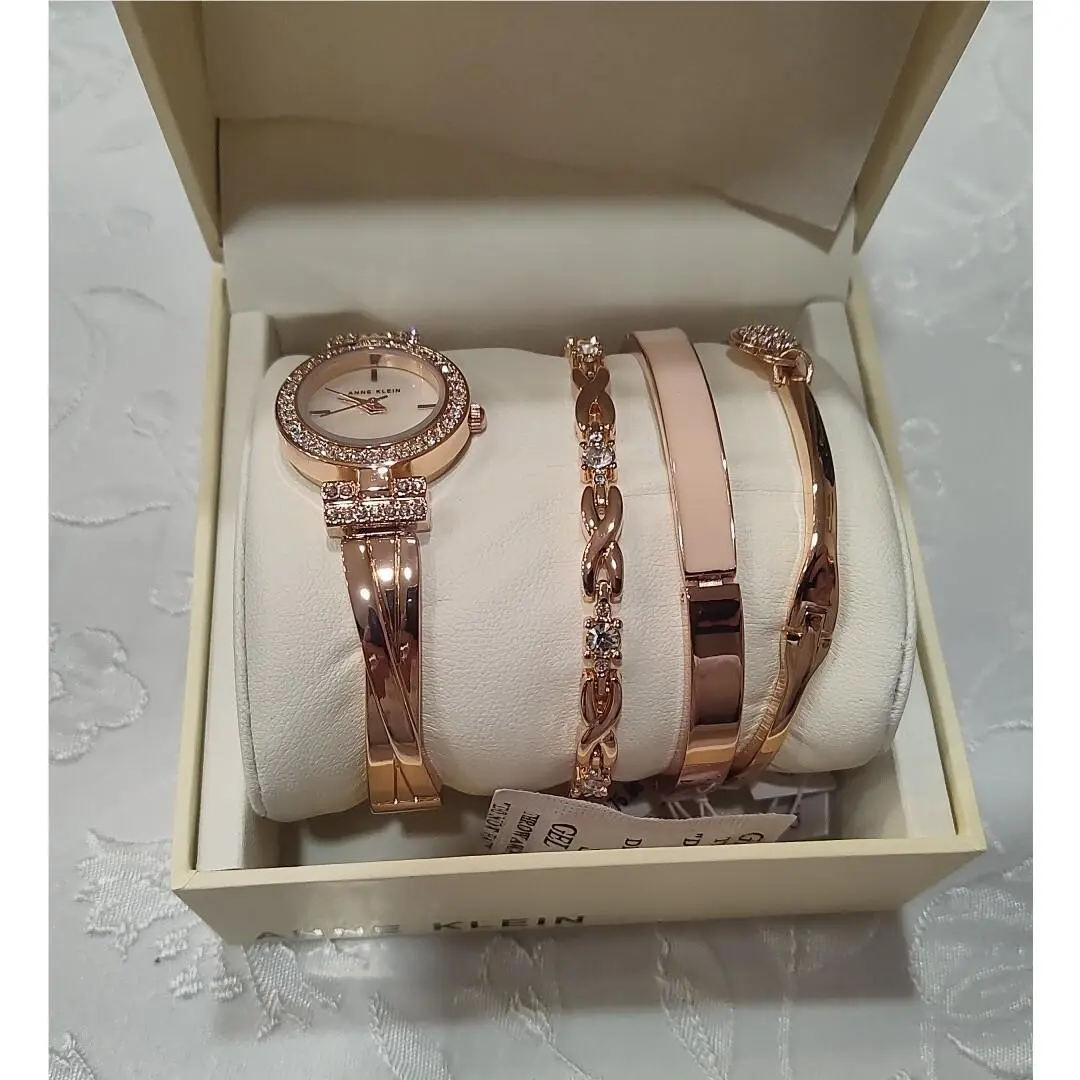 Anne Klein Women`s Premium Crystal Accented Rose Gold-tone Bangle Set