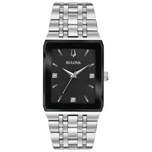 Bulova Quadra Diamonds Black Dial Rectamgle Mens Watch 96D145 - Dial: Black, Band: Silver, Bezel: Black