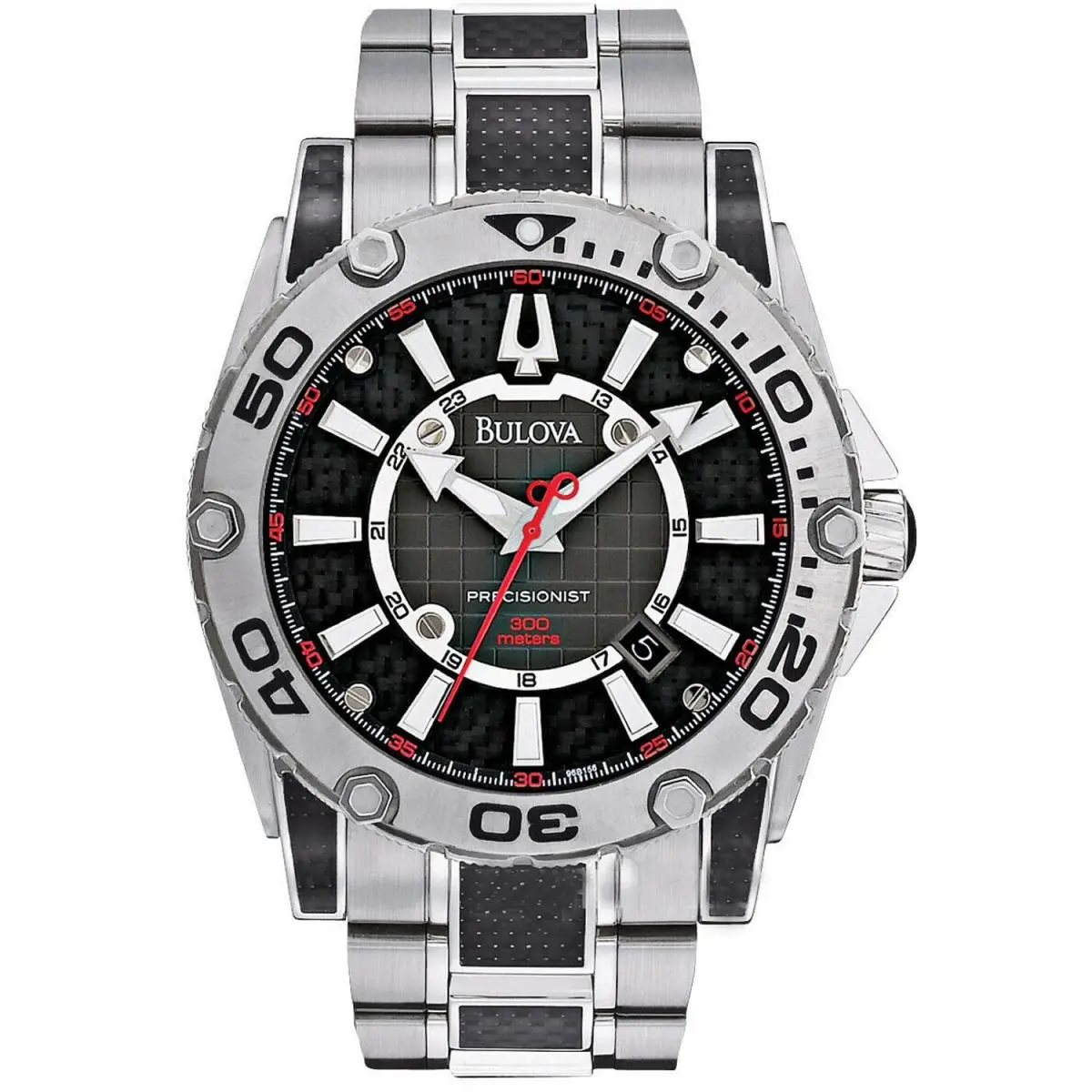 Bulova Men`s Precisionist Black Dial Watch - 96D156 - Dial: Black, Band: Silver, Bezel: Gray, Black