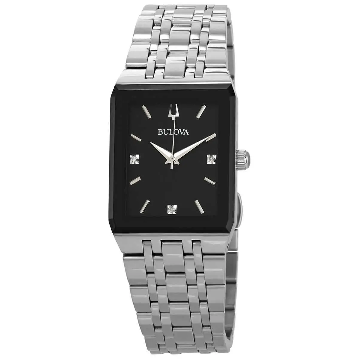 Bulova Quadra Quartz Diamond Black Dial Men`s Watch 96D145 - Dial: Black, Band: Silver, Bezel: Gray, Black