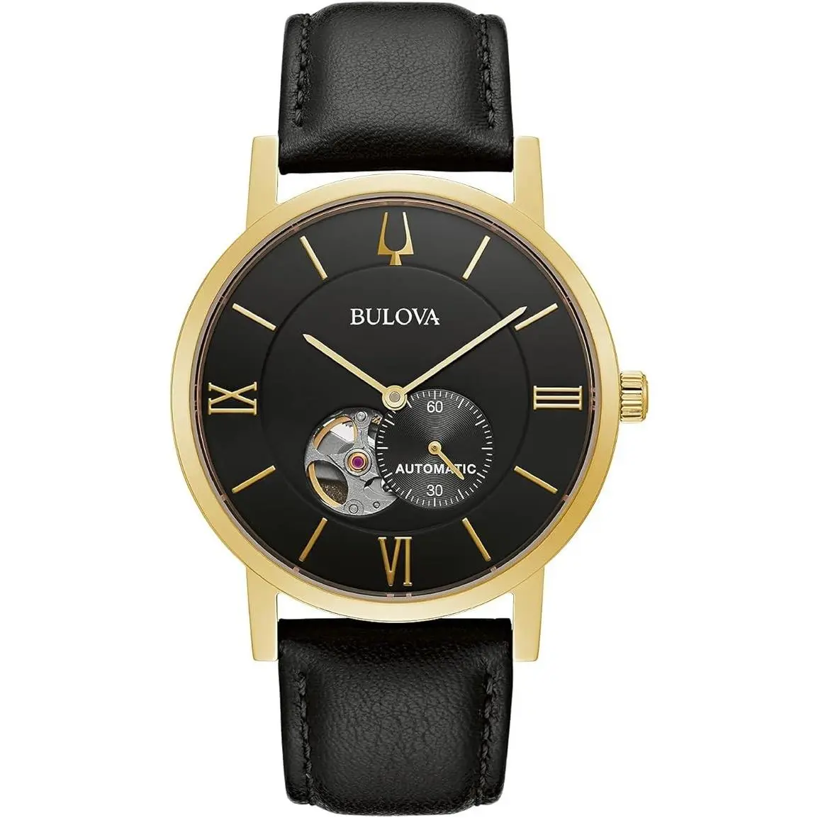 Men`s American Clippr Automatic Opn Aprtur Black Leather Watch 97A154 by Bulova