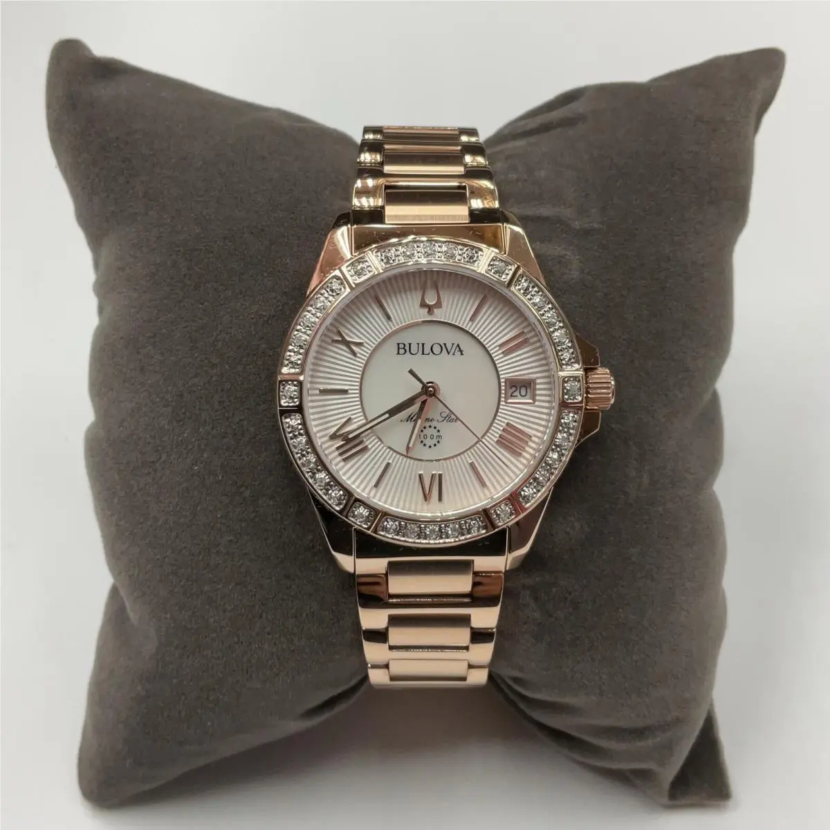 Bulova Women`s Marine Star Rose Gold Stainless Steel Diamond Watch 98R295 - Dial: Mother of Pearl, Band: Rose Gold, Bezel: Rose Gold