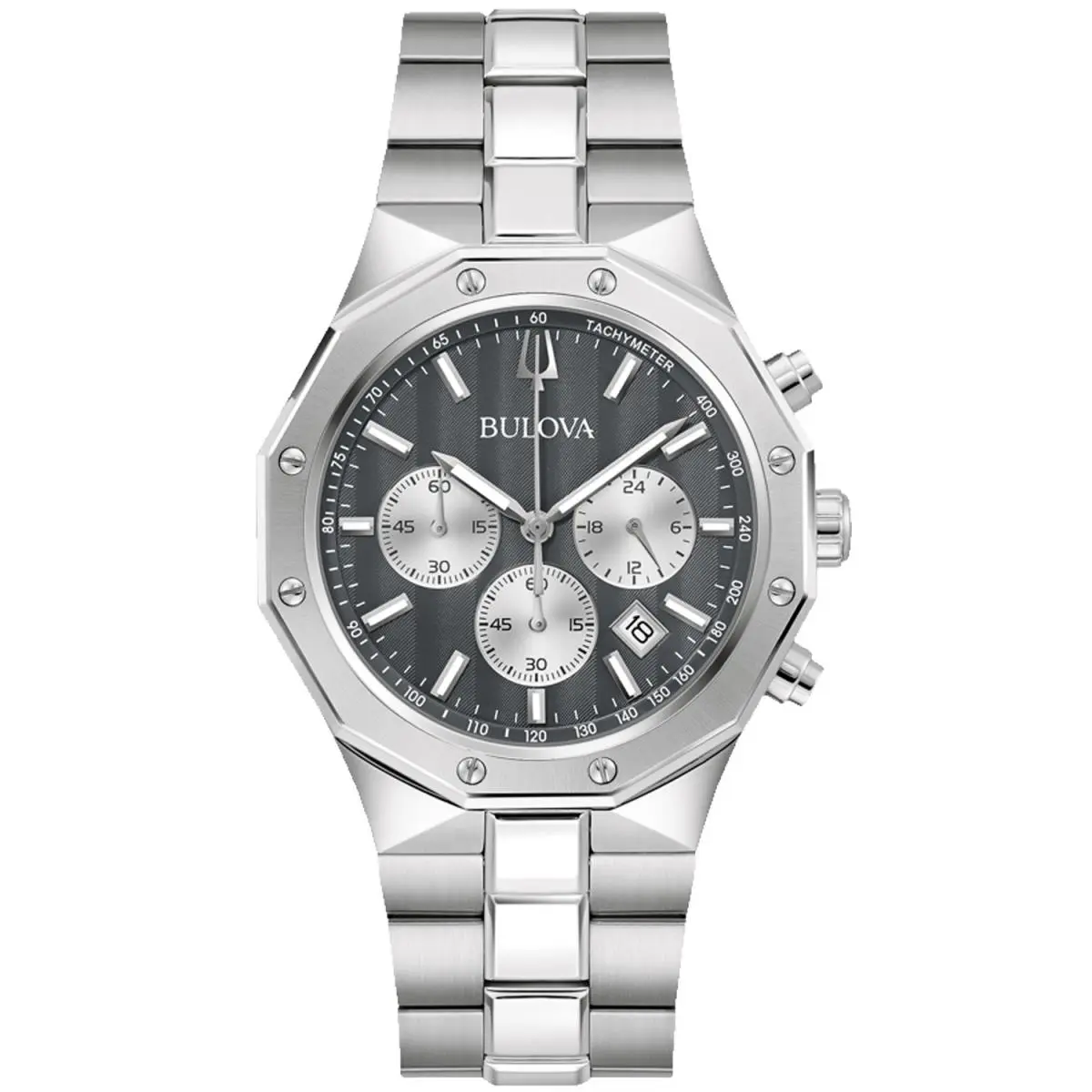 Bulova Men`s Prestige Gray Dial Watch - 96B459 - Dial: Blue, Band: Silver, Gray