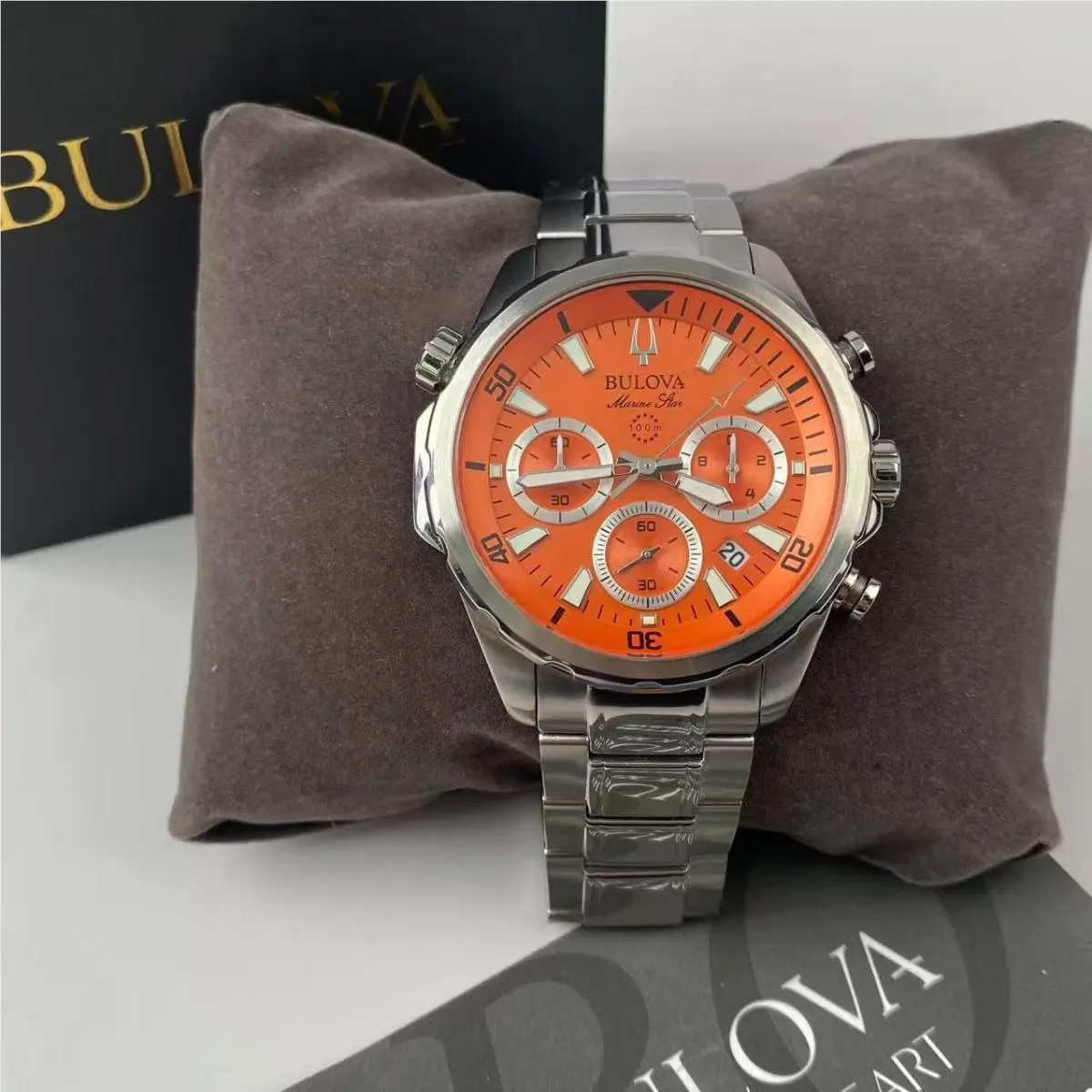 W/box Bulova Marine Star 96B395 Orange Dial Men’s Chronograph Quartz Watch