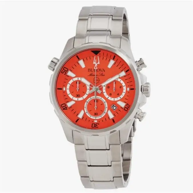 Bulova Marine Star Orange Dial Chronograph Men`s Quartz Watch 96B395 - Dial: Orange, Band: Silver, Bezel: Silver