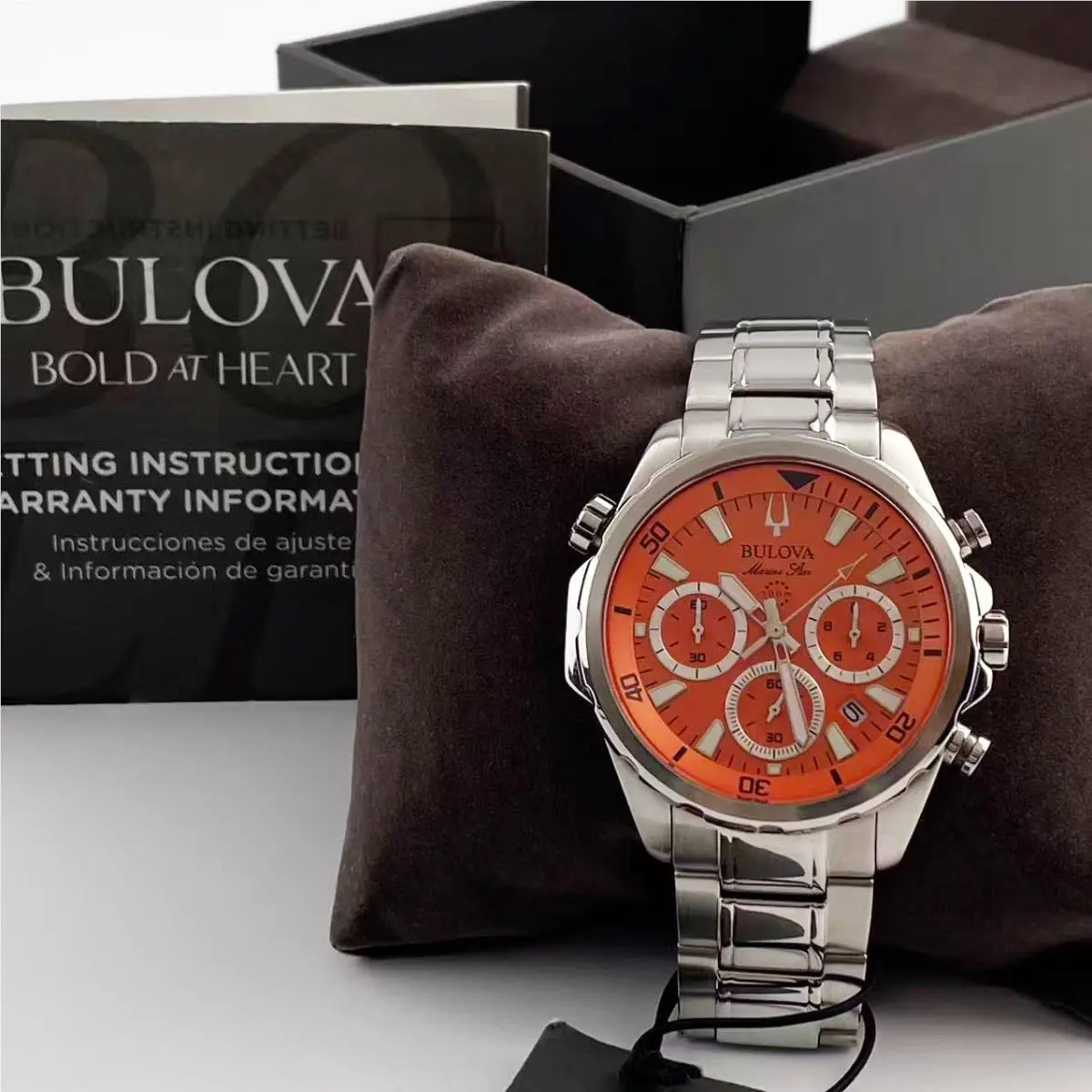 Bulova Marine Star Men`s Chronograph Quartz Watch Orange Dial 96B395 43 mm