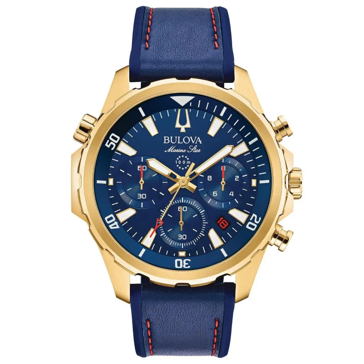 Bulova Men`s Marine Star Blue Dial Silicone Strap Chronograph Watch 97B168 - Dial: Blue, Gold, Band: Blue