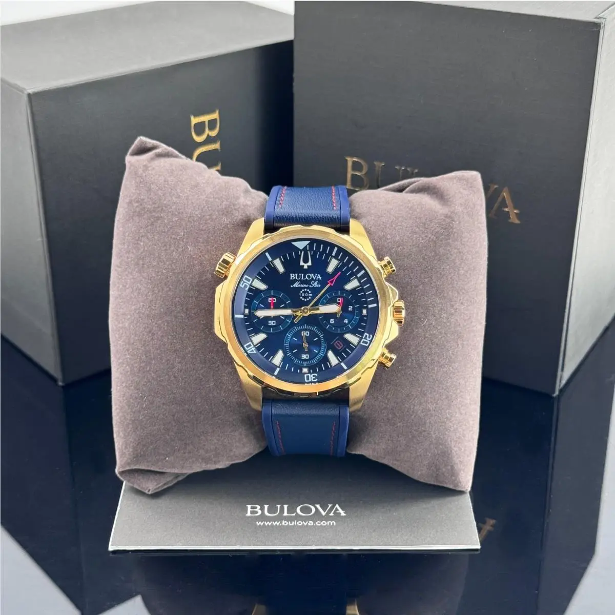 Bulova Marine Star Chronograph Blue Dial Rubber Strap Men`s Watch 97B168 - Dial: Blue, Band: Blue, Gold