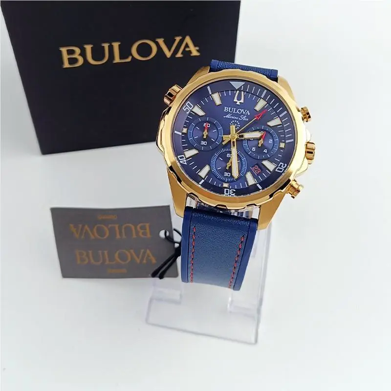 Bulova Marine Star Classic Blue Dial/gold Silicone Men Quartz Watch 97B168 43mm