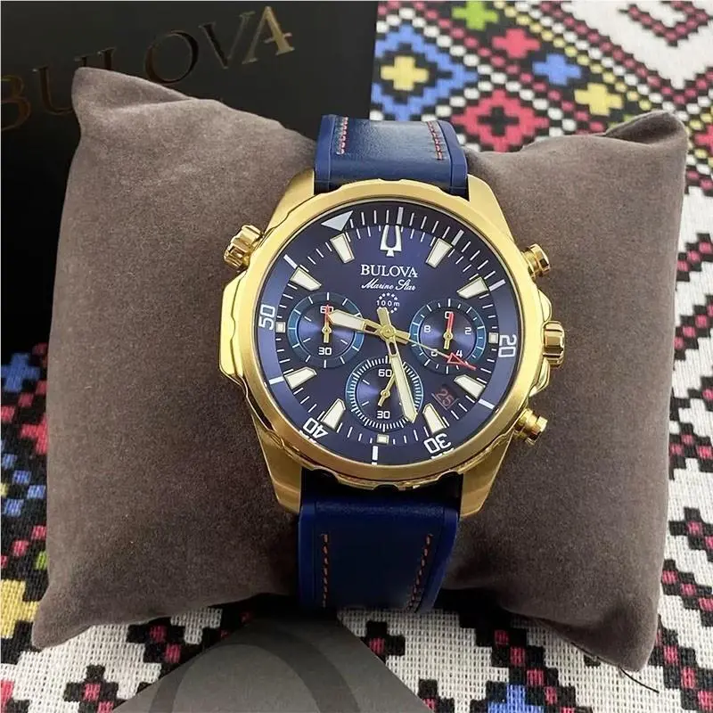 Bulova Men`s 97B168 Blue Dial Rubber Strap Chronograph Quartz Watch 43mm