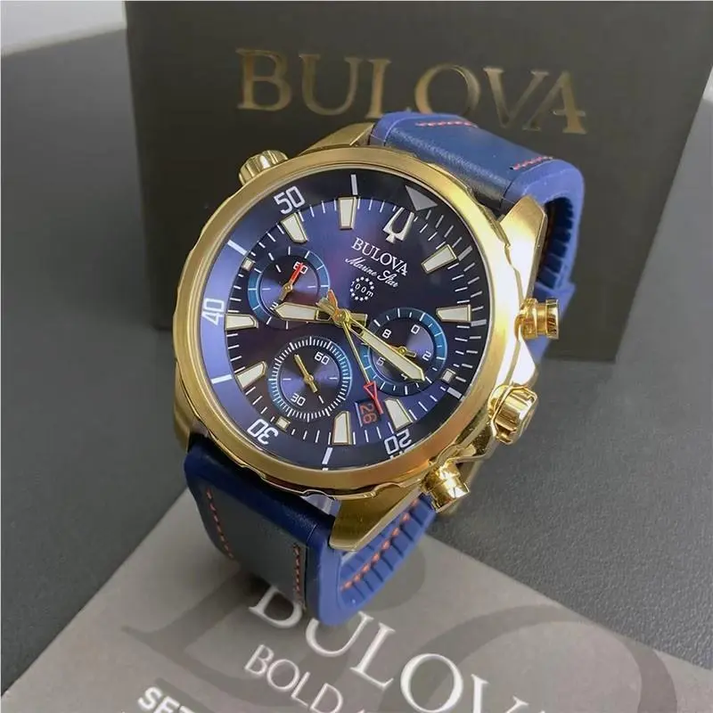Men Bulova Marine Star Blue/gold Dial Chronograph 97B168 Quartz Watch 43mm - Dial: Blue, Band: Blue, Bezel: Blue, Gold
