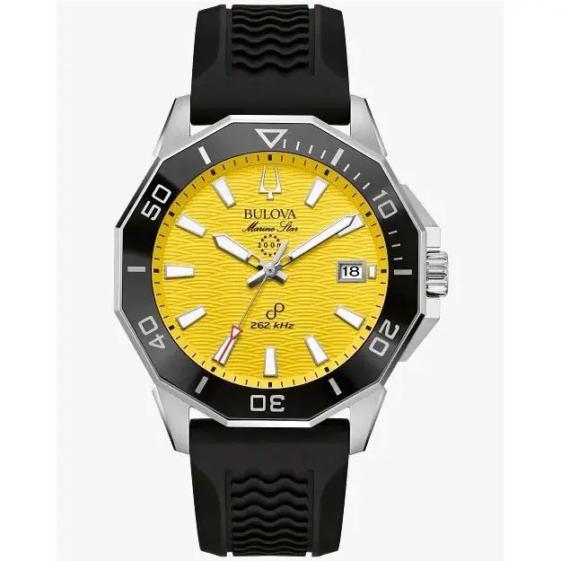 Bulova Marine Star Precisionist 96B431 Yellow Dial Date Display Men`s Watch - Dial: Yellow, Band: Black, Bezel: Black