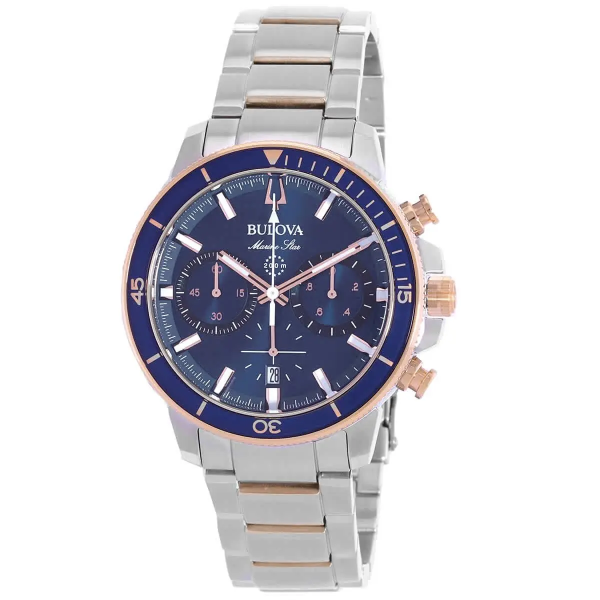 Bulova Marine Star Chronograph Blue Dial Men`s Watch 98B301 - Dial: Blue, Band: Silver, Bezel: Silver-tone