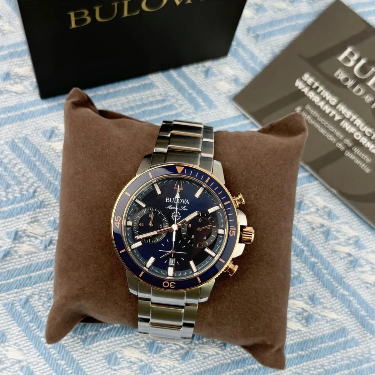 Bulova Marine Star Chronograph Men`s Watch Blue Dial 45mm/98B301 - Dial: Blue, Band: Silver, Rose Gold, Bezel: Blue, Rose Gold