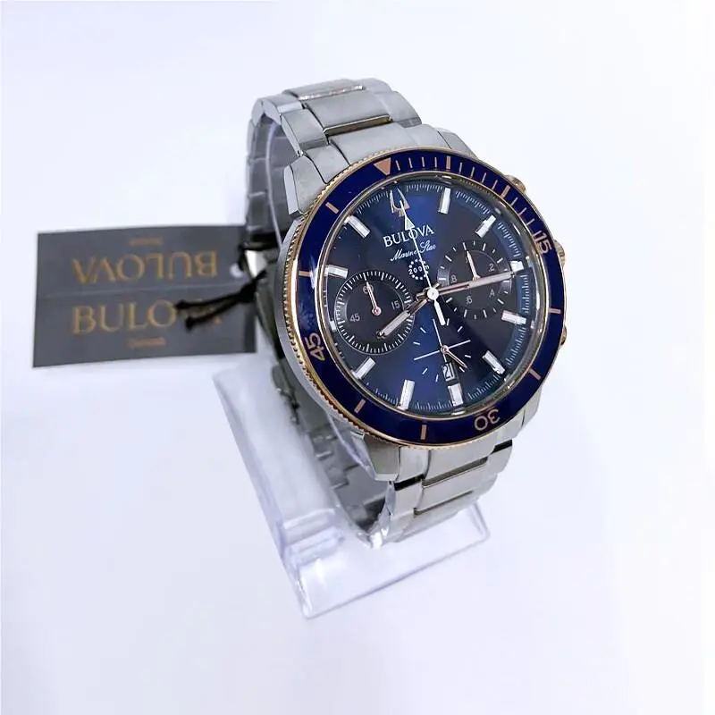 Classic Marine Star Bulova Stainless Steel Men 98B301 Blue Rose Gold Watch 45mm