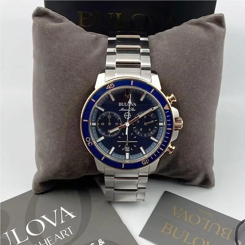 Bulova Men`s Marine Star Blue Rose Gold Dial Steel Chronograph Watch 98B301 45mm - Dial: Blue, Band: Silver, Bezel: Rose Gold
