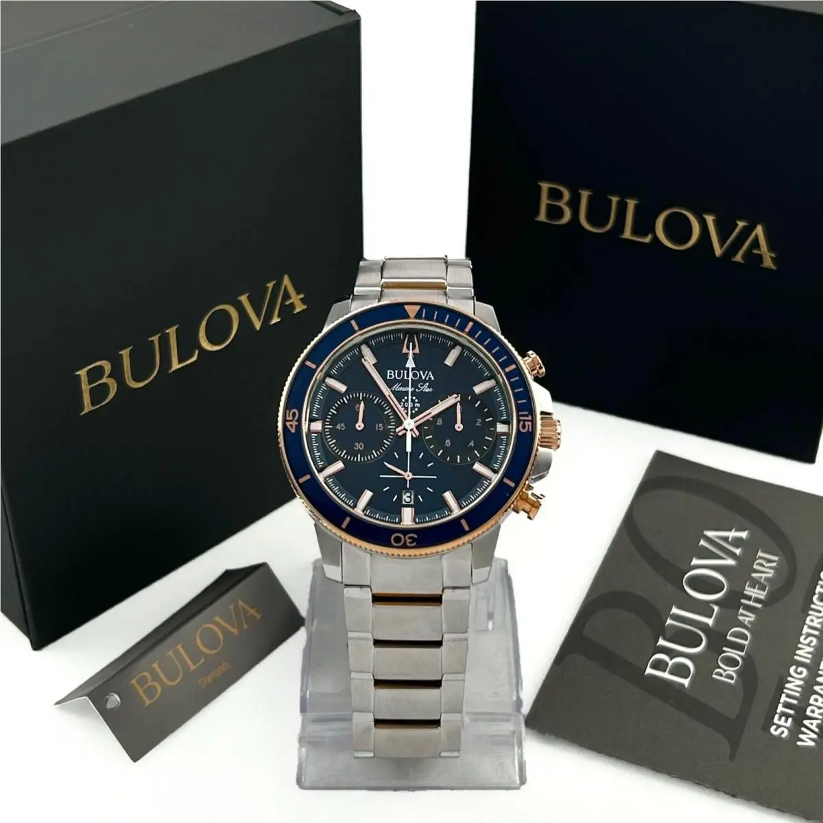 Bulova Marine Star 98B301 Chronograph Blue Dial Stainless Steel 200M Mens Watch - Dial: Blue, Band: Silver, Bezel: Silver