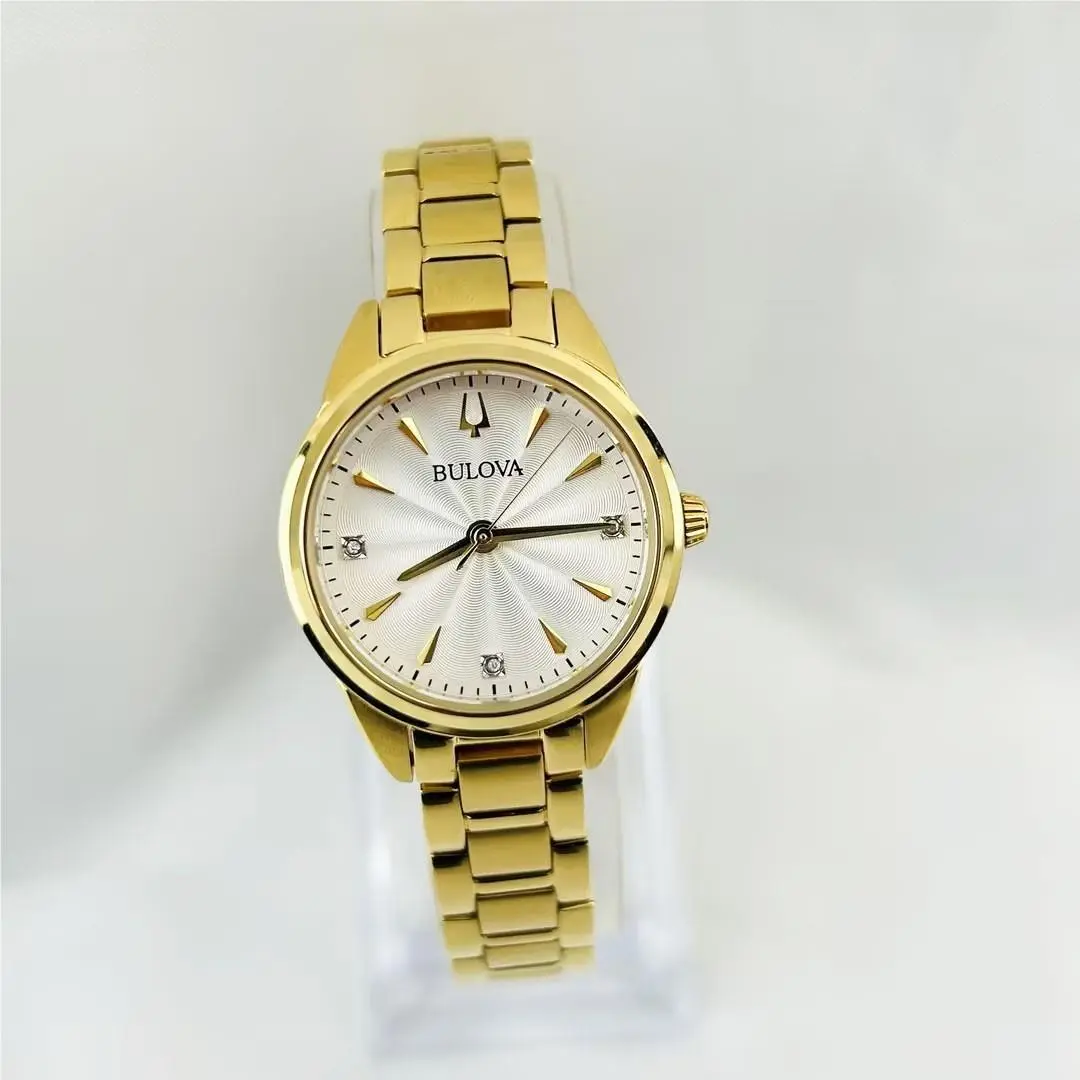 Bulova Sutton 97P150 White Diamond Dial Gold Strap Women`s Quartz Watch 28mm