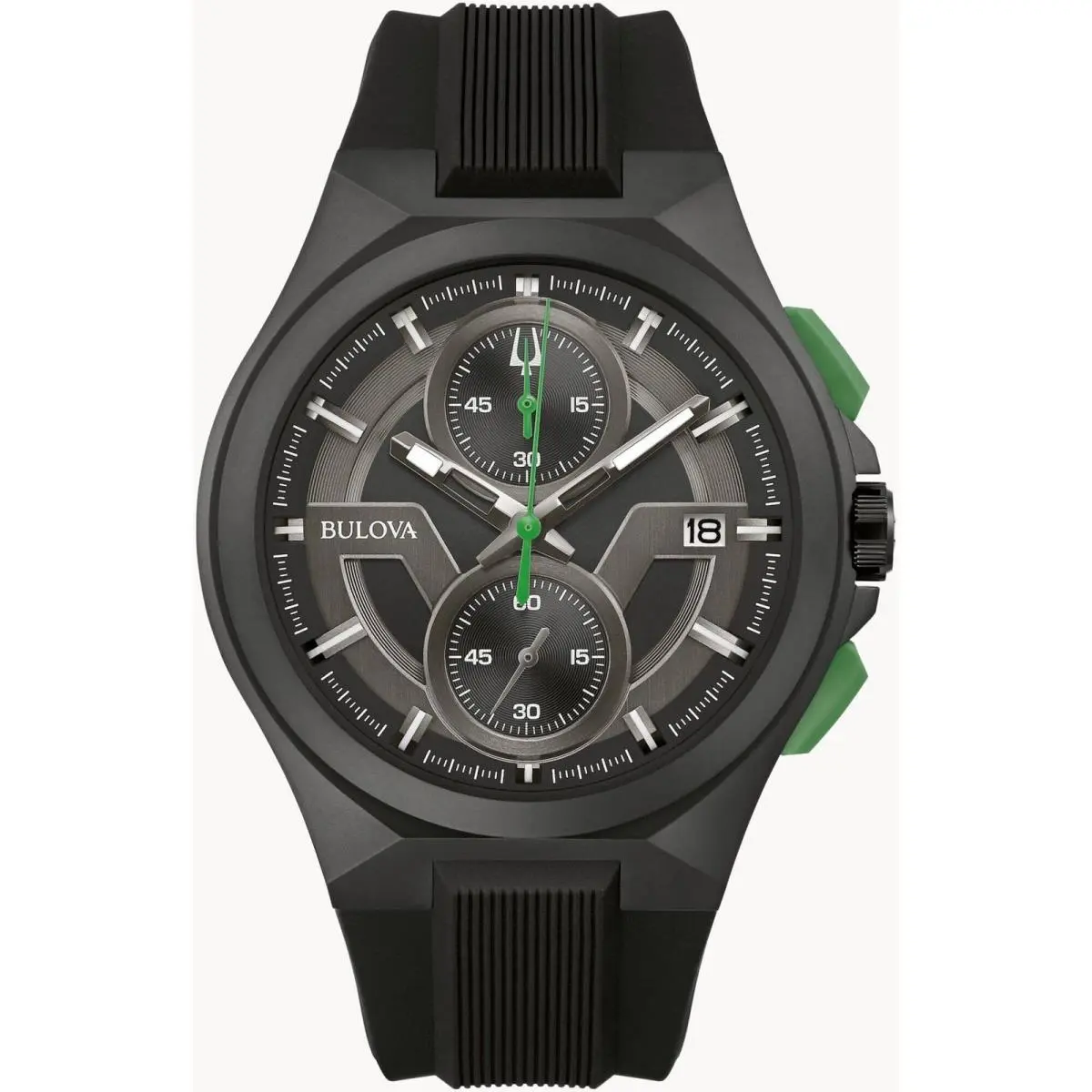 Bulova Men`s Watch Maquina Chrono Black and Dark Grey Dial Rubber Strap 98B381