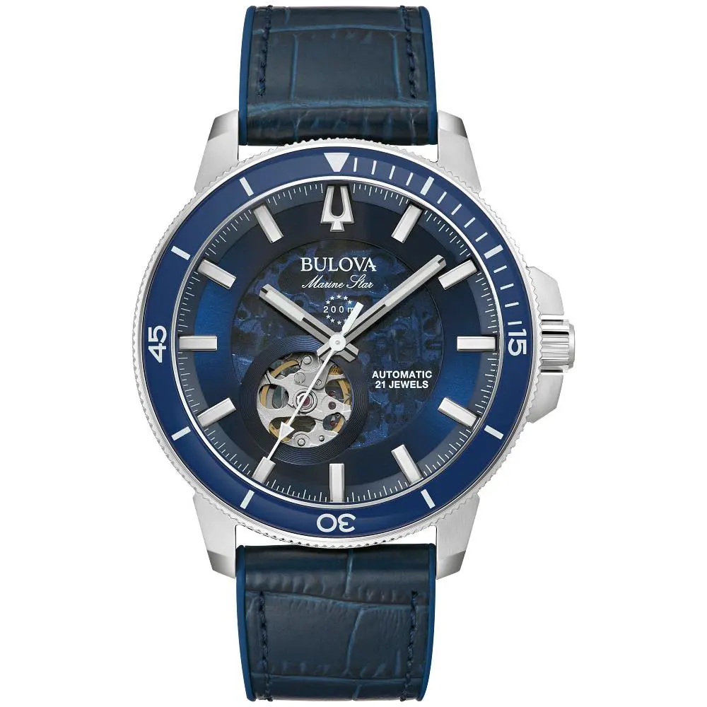 Bulova Marine Star Blue Leather Automatic Mens Watch 96A291 - Dial: Blue, Band: Blue