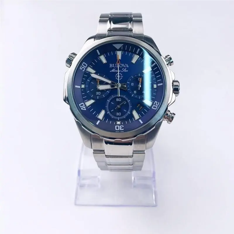 Classic Marine Star Bulova Stainless Steel Men`s 96B256 Blue Watch 43mm