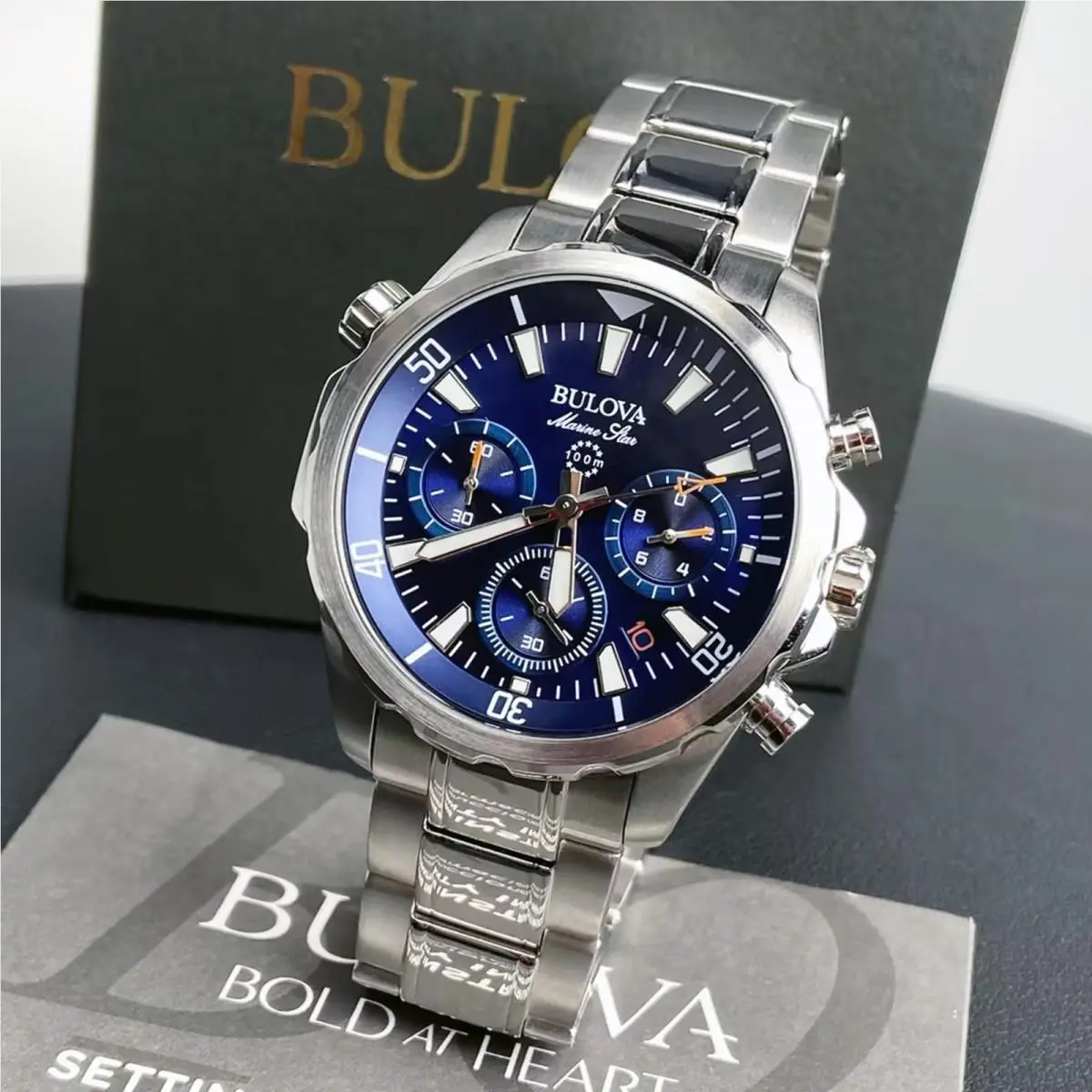 Men`s Bulova Marine Star Blue Dial Chronograph 96B256 Quartz Watch 43mm - Dial: Blue, Band: Silver, Bezel: Silver