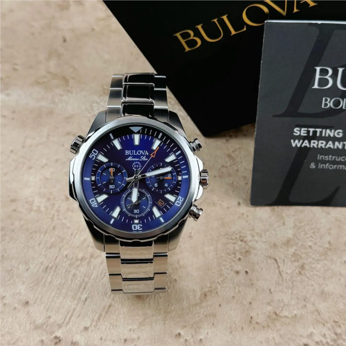 Bulova Marine Star Classic Blue Dial Chronograph Men`s Quartz Watch 96B256 - Dial: Blue, Band: Silver, Bezel: Silver