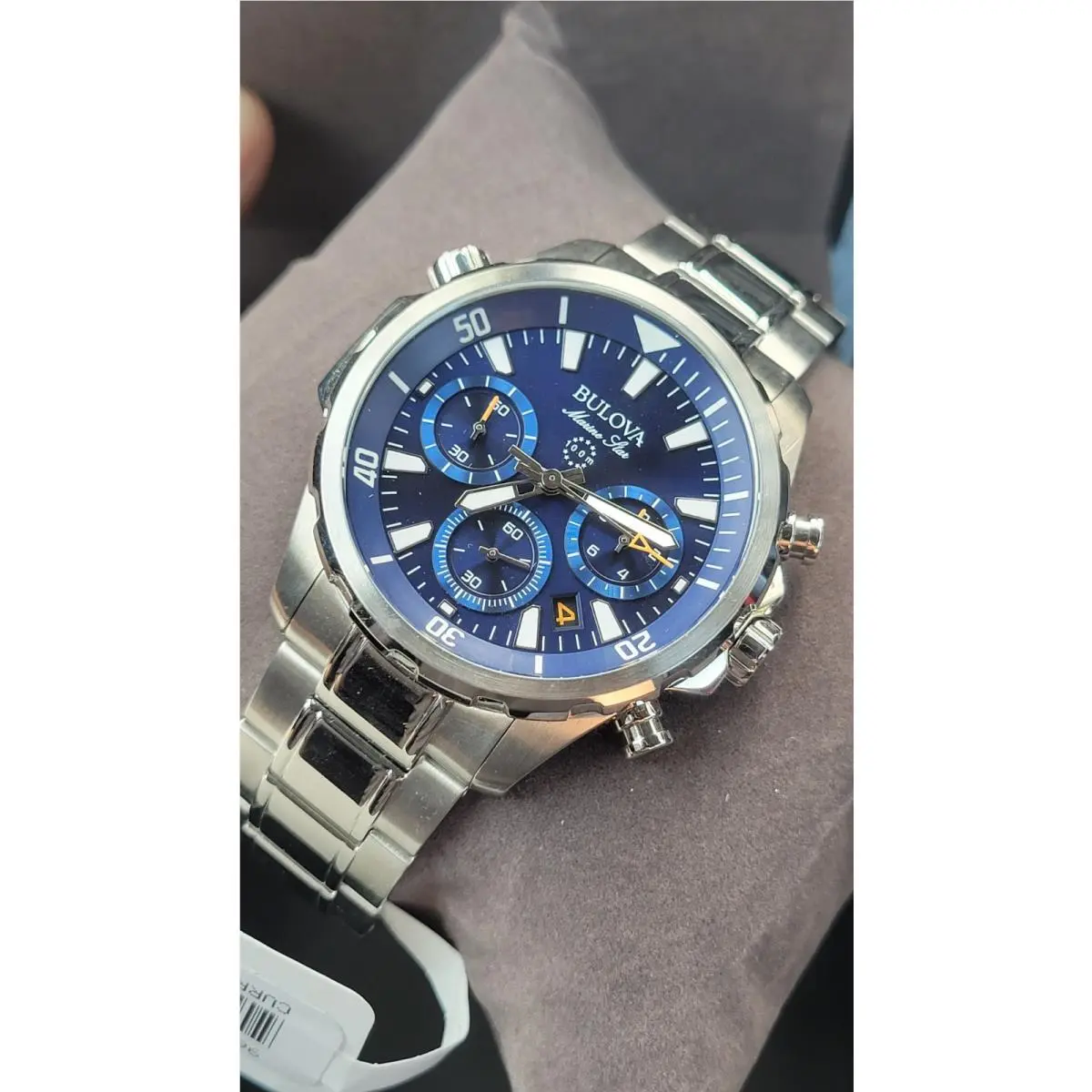 Bulova Marine Star 96B256 Blue Dial 6-Hand Chronograph Men`s 43MM - Dial: Blue, Band: Silver