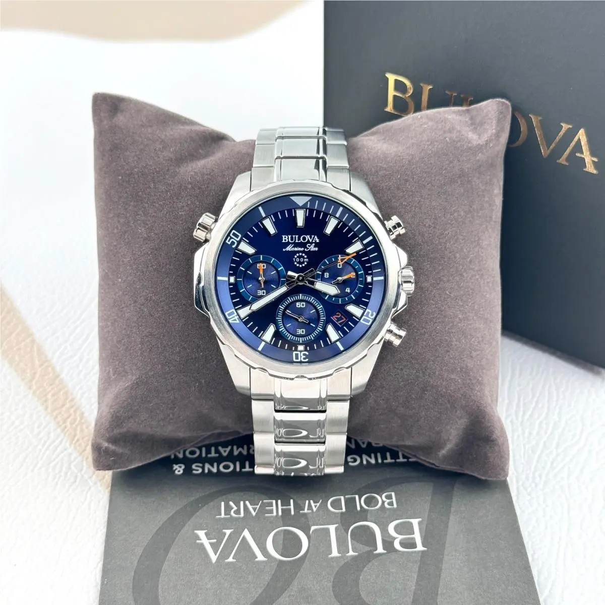 Men`s Marine Star 43MM Blue Dial Stainless Steel Chronograph Watch 96B256 by Bulova