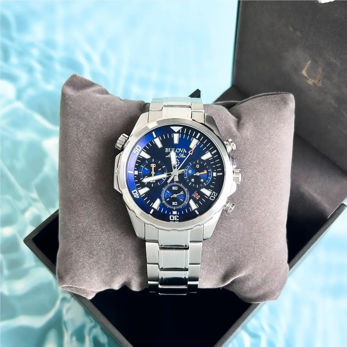 Bulova Classic Marine Star Chronograph Blue Dial Stainless Steel Men Watch 43MM