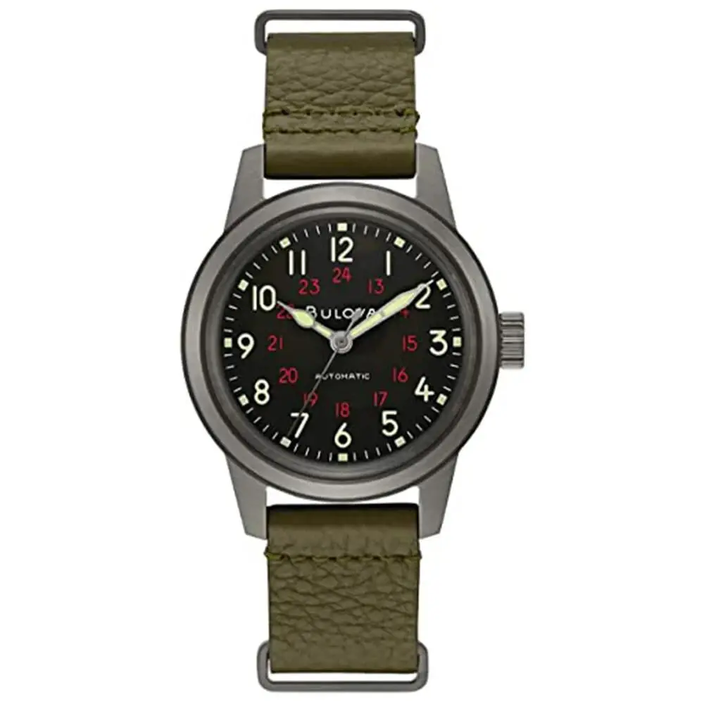 Bulova Mens Archive Military Black Dial Green Leather Strap Watch