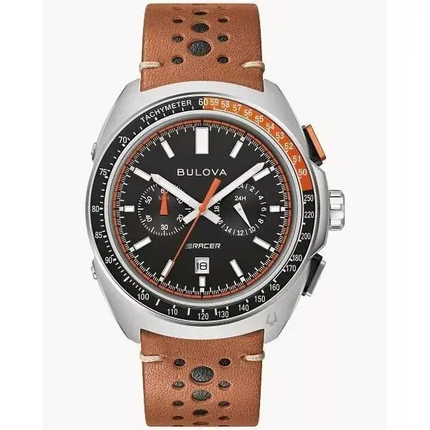 Bulova Racer Chronograph Black Dial Leather Band Men`s Watch 98B427