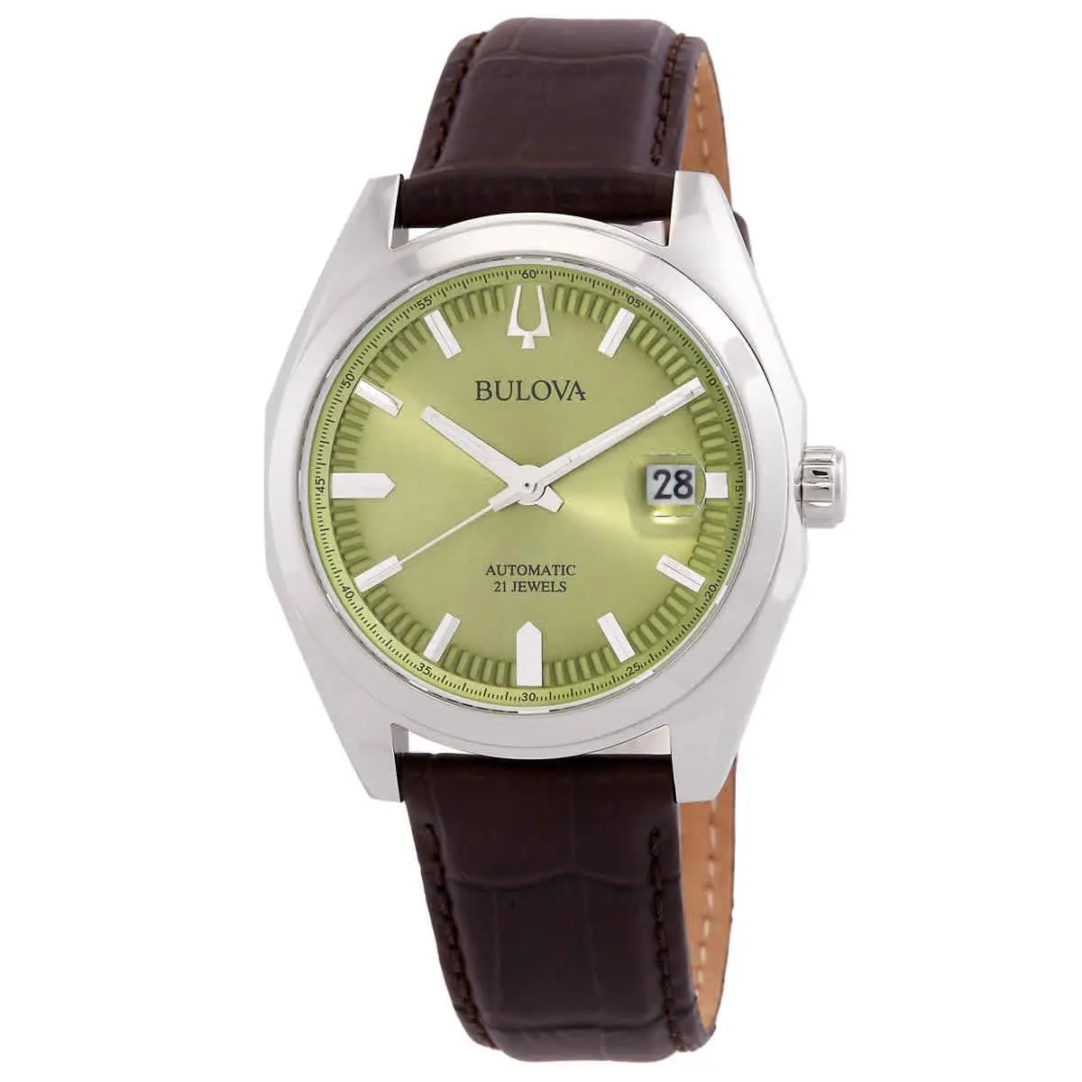 Bulova Surveyor Automatic Green Dial Men`s Watch 96B427 - Dial: Green, Band: Brown, Bezel: Silver-tone
